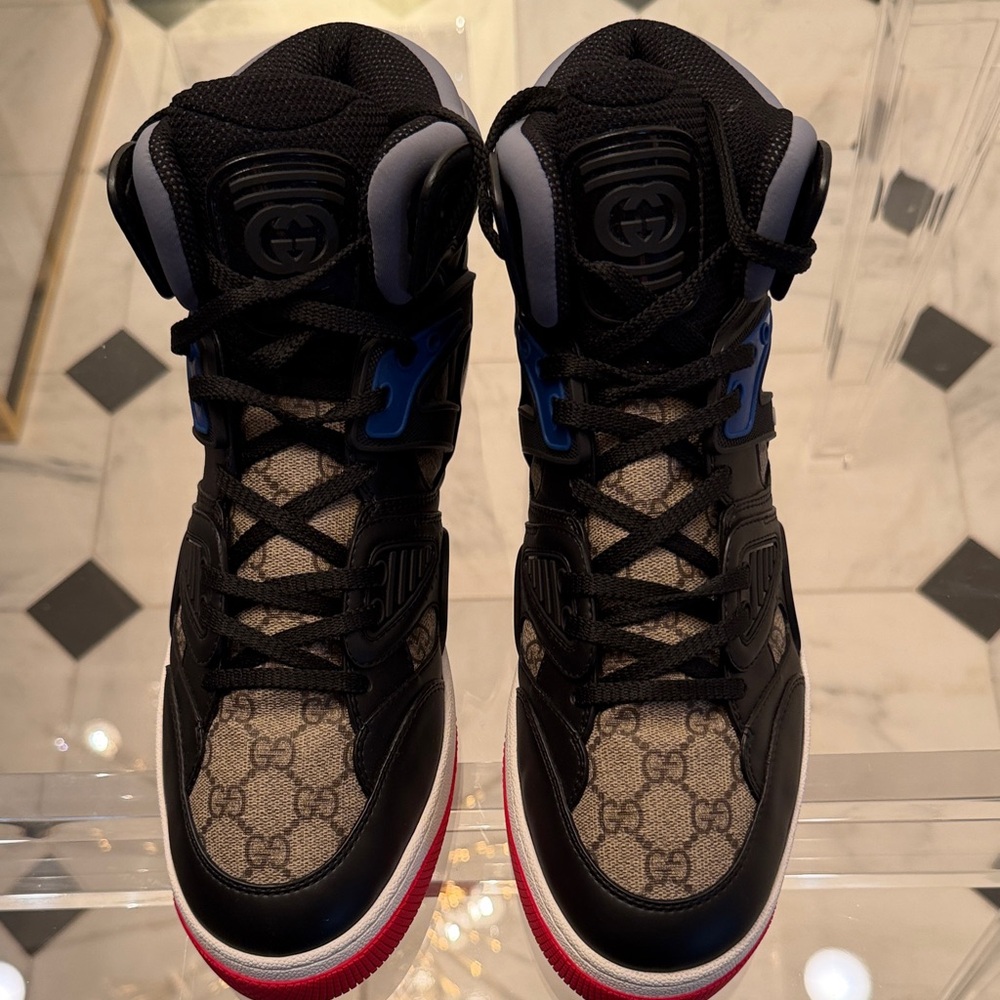 NWOT Gucci Basket Demetra Black and Blue Men's High Top Sneakers with Red Soles